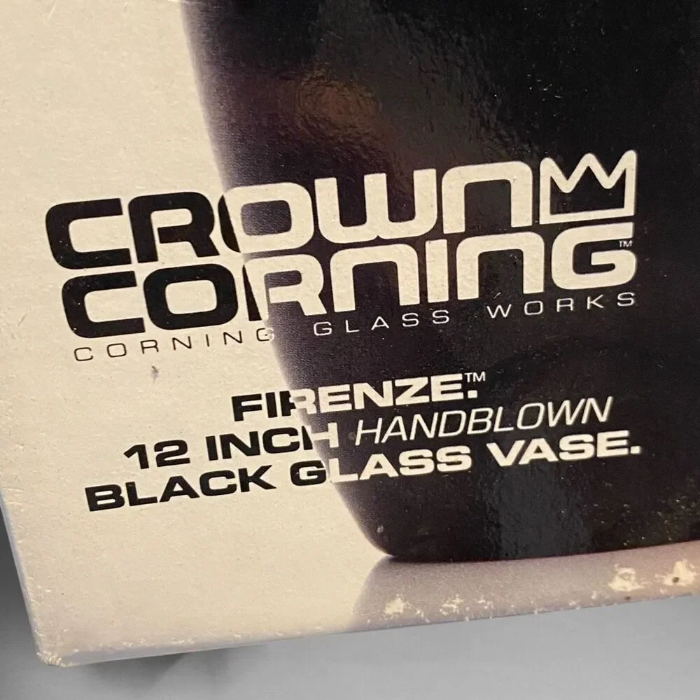 CROWN CORNING GLASS WORKS FIRENZE 12” HANDBLOWN BLACK GLASS VASE Handblown in It